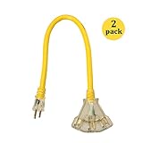 Coleman Cable 2882 2 Pack 15 Amp 2ft.12/3 STW Lighted Power Block with 3-Outlet, Yellow