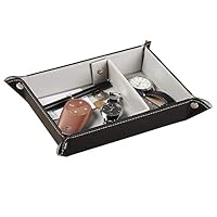 YAPISHI Key Tray Large for Men Leather Entryway Dish Bedside Catchall Bowl 2 Dividers Nightstand Organizer Caddy Travel Valet Tray for Wallet Coins Change Dice Watch Phone, Sundries Holder (Grey)