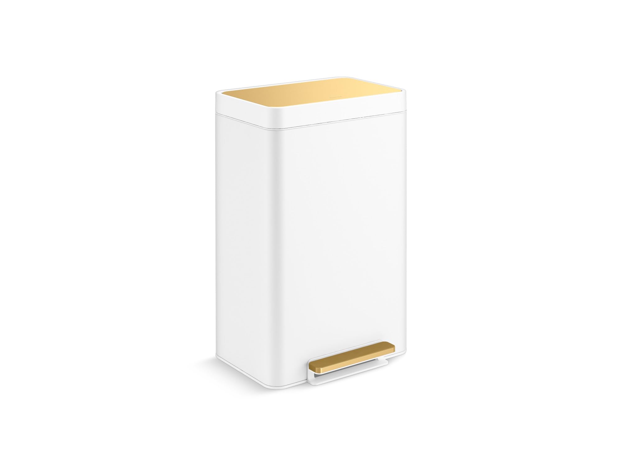 Kohler 13-Gallon Stainless Steel Step Trash Can, White Stainless Steel & Moderne Brushed Brass, Hands-Free Pedal, Quiet-Close Lid, K-20940-WMB Image