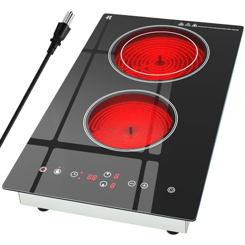 Zarbaco Electric Cooktop 2 Burner, 1800W Radiant Electric Stove Top 120V with Countertop & Built-in Design, 12 inch Touch Control Ceramic Cooktop with Safety Lock, 9 Level Power, Timer - Plug in