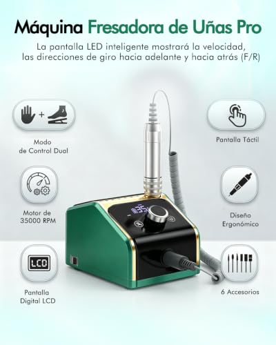 CozyZen Professional Electric Nail Drill Machine, 35000RPM with LCD Display, Manual/Pedal Control and Quiet Operation, for Acrylic/Gel Nails - Home & Salon Use(Green)