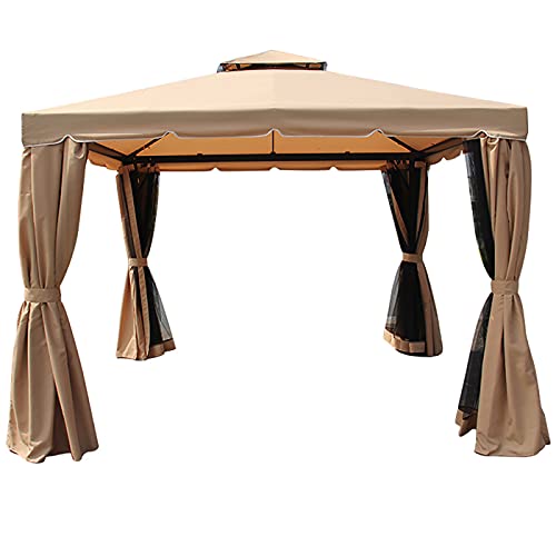 3 x 3 Meter Metall-Pavillon Garten 2-stufige Dachzelt Party Zelt Baldachin Pavillion Patio Shelter mit Netz,Beige