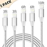 MFi Certified iPhone Charger, Lightning Cable, 5Pack (3/3/ 6/6/ 10FT) to Syncing Data and Nylon Braided Cord Charger Compatible with iPhone/XS/XR/X/8/8Plus/7/7Plus/6S/6Plus/Pad More(Silver&White)