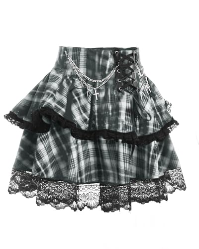 Gothic Street Sexy Bandage Rüschen Stufenrock Frauen Hohe Taille Solide Criss Cross Tie Up A-Linie Minirock Faltenröcke, Black Plaid, S