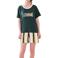 Hupohoi Big Children Summer Letters Printed Pajama Sets Striped Shorts 2PCS Sleepwea Gown Green