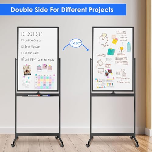 60x100Cm Magnetic Mobile White Board, Double Sided Dry Erase Board Rolling Whiteboard, Standing Whiteboard on Wheels for Home Office Classroom & Home, Black