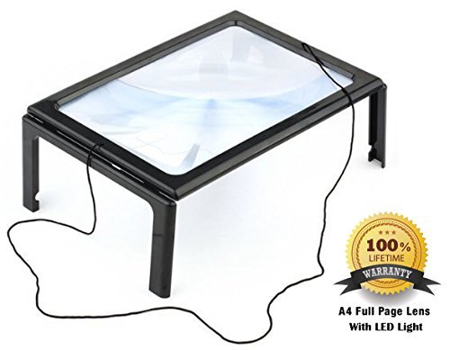 FiveJoy Hands-Free Page Magnifier for Reading with LED Lights - 3X Magnification - Has Flip Out Legs That Can Stand over Documen