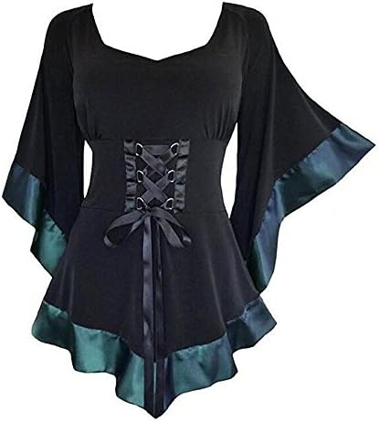 Isher Women's Victorian Gothic Blouses Flare Sleeve Lolita Bandage Corset Top (Green, L)