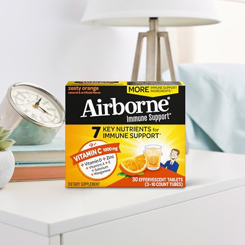 AIRBORNE 1000MG VITAMIN C WITH VITAMIN D & ZINC, SUGAR FREE MULTIVITAMIN IMMUNE SUPPORT SUPPLEMENT, ANTIOXIDANTS VITAMINS A C & VITAMIN E, 30 EFFERVESCENT TABLETS, ZESTY ORANGE FLAVOR
