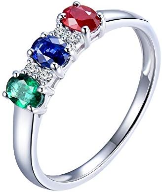 Lanmi ユニーク3ストーン 天然エメラルド サファイア ルビー 婚約指輪 ソリッド 14k ホワイトゴールド レディース リング