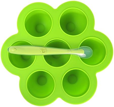 Silicone Baby Food Container Home Snack Maker Tray with Spoon and Plastic Lid for Instant Pot/Baking Oven/Freezer, 100% Child Safe, FDA Approved, NO BPA(Green Tray and Spoon)