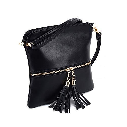 GLITZALL Lightweight Medium Crossbody Bag with Tassel and Zipper Pocket (Black)