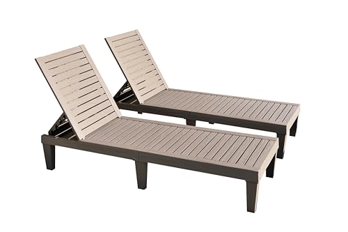Nice C Lounge Chair, Pool Patio Lounge Chair, Outdoor Resin Sun Chaise Lounge, 5-Reclining Level Patio Composite Plastic Lounger, Waterproof Wood Texture Design, Up to 330 lbs (2 Pack)