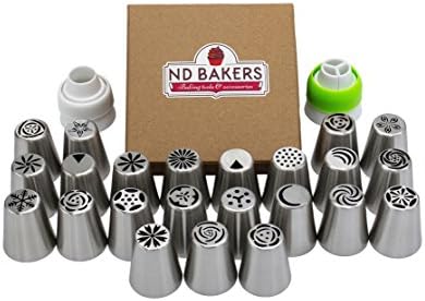 Russian Piping Tips 36-pcs set by ND Bakers. Professional cupcake decorating tools - Includes 1 silicone pastry bag + 10 disposable bags + 1 tri &amp; 1 single coupler