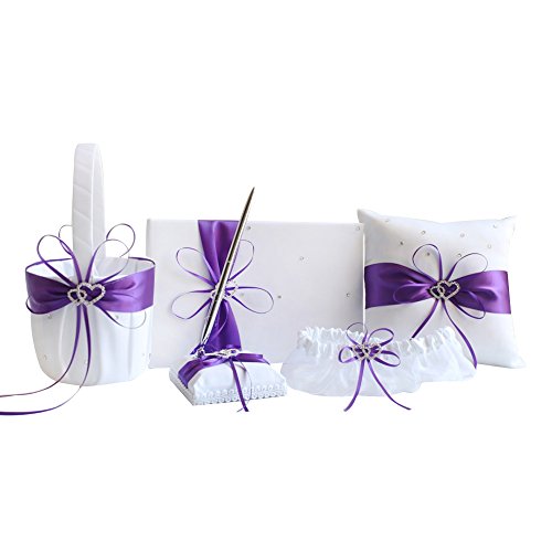 Awtlife 5pcs Sets Purple Wedding Flower Girl Basket Guest Book Pen with Ring Pillow and Garter - //medicalbooks.filipinodoctors.org
