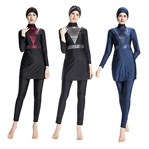 Women Plus Size Swimwear, Lady Solid Color Swimsuit Muslim Bathing Suit With Cap Beachwear Hight Neck Wetsuit