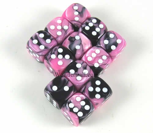 Pink Black Gemini with White Pips 12mm D6 Dice Set of 12 Wondertrail WCX26830E12