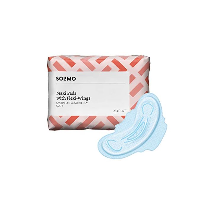 Amazon Brand - Solimo Maxi Pads with Flexi-Wings, Overnight Absorbency, Unscented, Size 4, 28 Count, 1 Pack