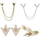 YouU 4 Pcs Deer Head Double Link Chains, Gold Stud, Retro Hollow Pattern and Angle Triangle Tassels Collar Pins Brooch Clip Pin Brooches Shirt Collar Decoration Parts with Free Box