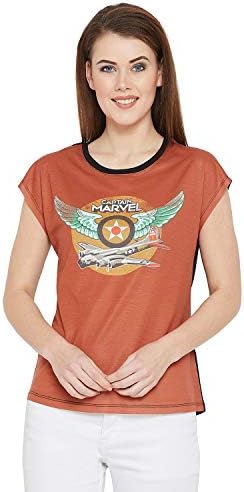 Captain Marvel Womens Cotton Poly Round Neck Cap Sleeves Tops - Rust (MCWT0022.2)
