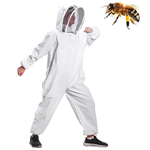 Moontay Combinaison d'Apiculture pour Tout le Corps Vêtements à Capuchon avec Voile Manteau de Protection pour Apiculteurs Costume Apicole en Coton avec Chaperon Anti Guêpes Équipement (XL)