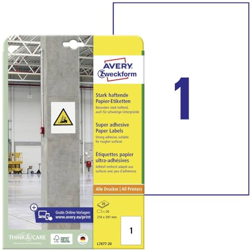 Avery Zweckform l7877 – 20 forte haftende carta autoadesiva, 210 x 297 mm, 20 fogli/20 etichette, colore: bianco