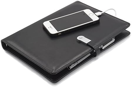 A5 Portfolio Padfolio Leather Notebook Journal Business Planner Hardcover Notepad,Refillable Thick Paper with 8G Flash Drive,Built-in Charger for Iphone &amp; Android,Black