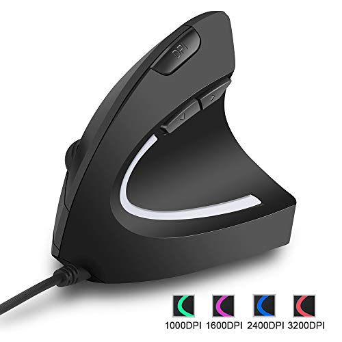 PABREY USB Wired Vertical Mouse Optical Ergonomic Mouse for Laptop, Computer, Adjustable Sensitivity 1000/1600/2400/3200 DPI, Black