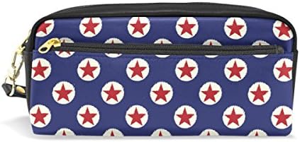 ColourLife Leather Zipper Pencil Case Pencil Holder Pouch Bag Makeup Cosmetic Bag Red Stars Polka Dot On Blue