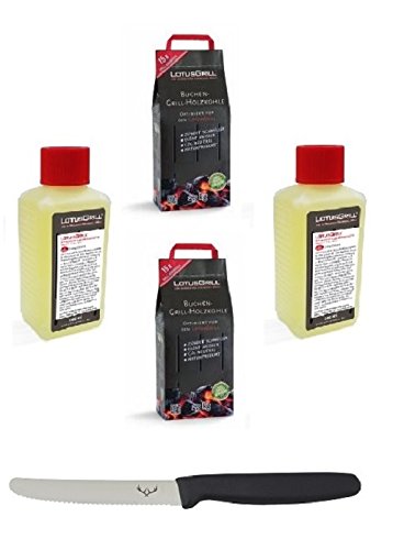 2x LotusGrill Buchenholzkohle 2,5 kg Sack und 2x LotusGrill Brennpaste 200 ml, beides entwickelt für raucharmes Grillen mit d