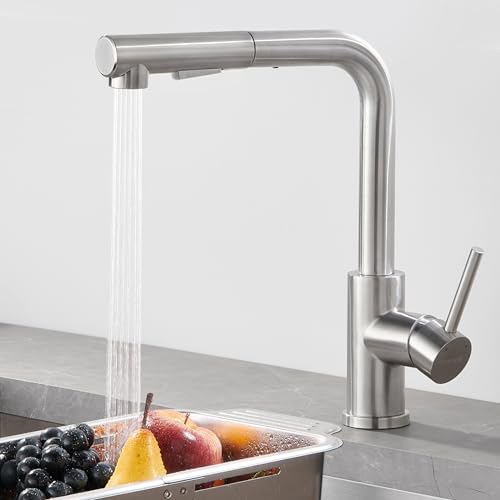 WOOHSE Wasserhahn Küche Ausziehbar, 360°Drehbare Küchenarmatur mit Brause Ausziehbar, Hochdruck Spültischarmatur mit 2 Strahlarten, Armatur aus Edelst
