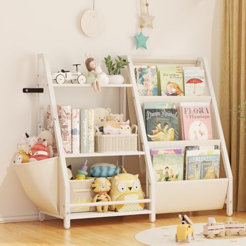 Kids Bookshelf and Toy Organizer, Montessori Bookcase and Toy Storage for Kids Room, 3 Tier Sling Book Rack for Toddler, Children Book Display Shelf for Nursery, Bedroom, Playroom, Classroom