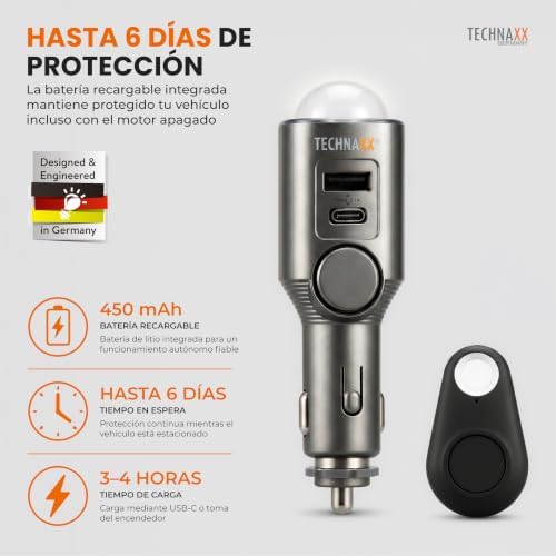 Alarma de coche con sensor de movimiento PIR – Alarma plug-in 12–24V con sirena 110dB, batería de 6 días, puertos USB-A & USB-C, pantalla LED y control remoto - 2026 Update Model - TX-100