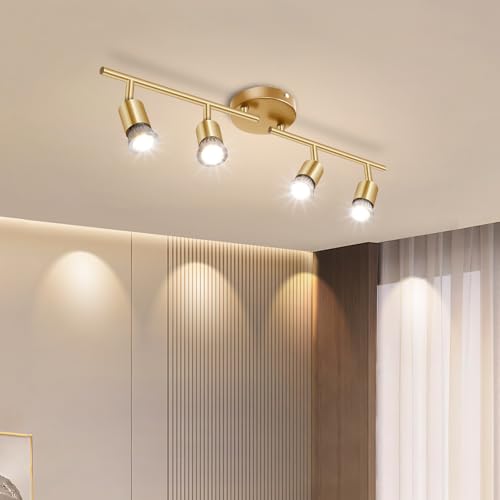 JSXing Kit de iluminación de riel, iluminación puntual de techo de 4 vías negra, cabezal de luz giratorio flexible, luz de riel (bombilla no incluida) (Dorado, 4 luz)