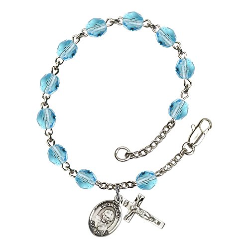 St. Gianna Beretta Molla Silver Plate Rosary Bracelet 6mm March Light Blue Fire Polished Beads Crucifix Size 5/8 x 1/4 medal