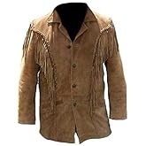 Rapid Mart Men's Western Cowboy Jacket with Fringed Beads Native American Suede Leather Coat (US, Alpha,X-Small, Brown)