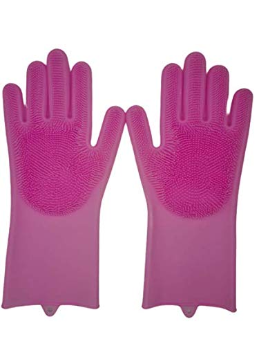 Onlineforu lTD Dishwashing Cleaning Sponge Gloves Reusable Silicone Brush Scrubber Gloves Heat Resistant for Dishwashing Kitchen Bathroom Cleaning Pet Hair Care Car Washing PINK