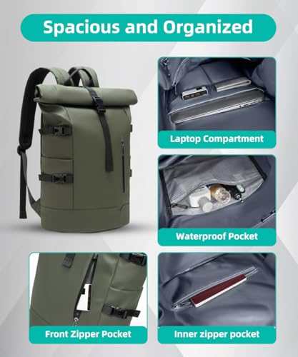 GYakeog Rolltop Backpack Large 33L Waterproof Laptop Backpack Men Women 15 Inch School Backpack Lightweight Bicycle Backpack Anti-Theft Sports Backpack for Travel Cycling University Leisure Green