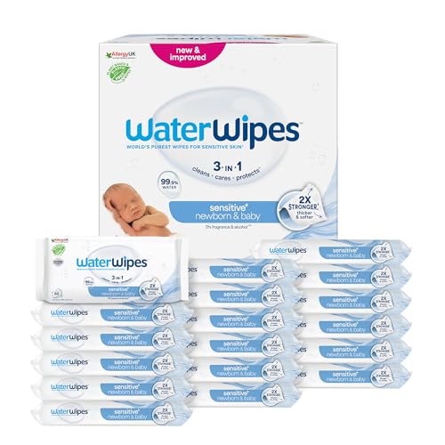 Sensitive+ Newborn & Baby Wipes, Lingettes Pour Nouveau-Nés et Bébés, 1080 unités (18 paquets), 3-en-1 nettoie, soigne, protège, 99,9% d'eau, non parfumées