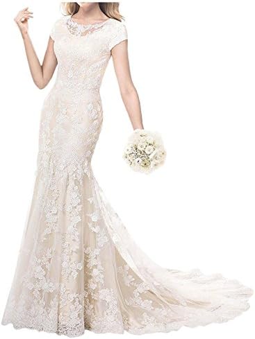 RightBride Women's Light Champagne 2017 Modest Wedding Dress for Bride Short Sleeves Floral Lace Sheath Size 16