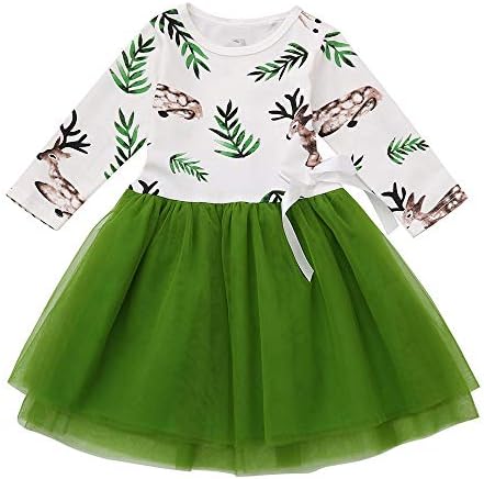 KONFA Toddler Baby Girls Christmas Deer Splicing Dress,for 1-5 Years,Little Princess Long Sleeve Tutu Skirt Clothes