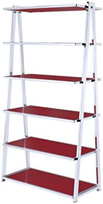 HomeRoots Office Coleen Leaning Bookcase in Red High Gloss and Chrome