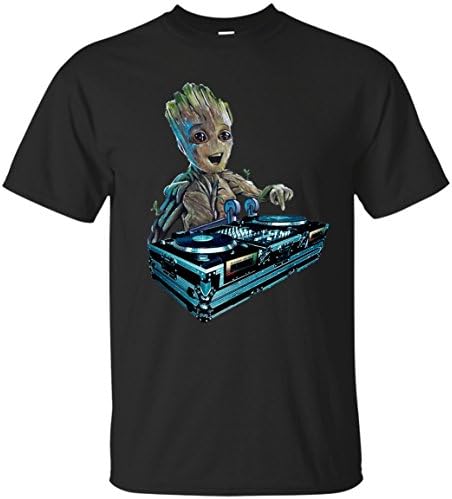Funny Baby Groot DJ Guardians Galaxy Cotton T-Shirt (Black;Medium)