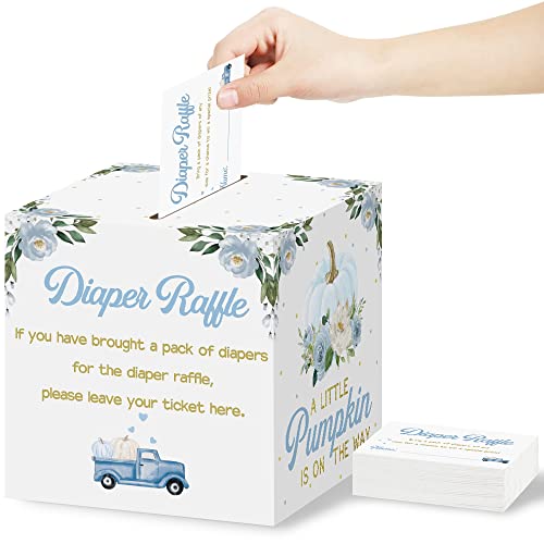 Diaper Raffle Card Box with 50 Pcs Pumpkin Diaper Raffle Tickets, Autumn Floral Pumpkin Diaper Raffle Card Box for Baby Shower Games Gender Reveal Party Invitation Insert Card Game (Blue)