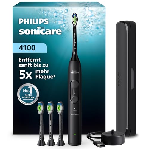Philips Sonicare Series 4100 Elektrische Zahnbürste – Schallzahnbürste mit Drucksensor, 4 Putzeinstellungen, EasyStart, SmarTimer, 21 Tage Laufzeit, Reiseetui, Schwarz, HX4046/52, [Neu]