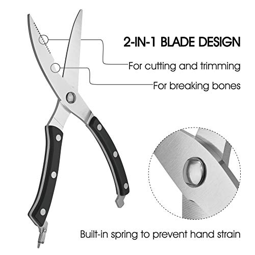 Heavy Duty Stainless Steel Kitchen Shears With Spring Loaded Handle And Professional Blade Poultry Scissors For Spatchcock Turkey Lobster And Bone By Proshear (Black) - Thumbnail 2
