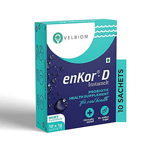 Velb.iom EnKor-D Immunity Boosting Daily Probiotic for Oral Health Prevents Sore Throat, Cough, Oral Infections Prevents Bad Breath for Men and Women Clinically Tested - 10 Sachets Pack, Mint Flavour
