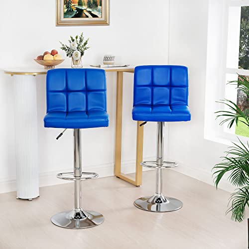 Elle Adjustable Bar Stools Set of 2, Swivel Bar Chair Leather Blue Bar