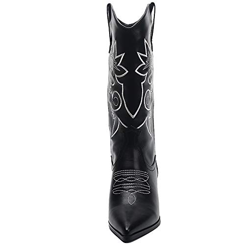 SaraIris Western Boots for Women, Cowboy Cowgirl Pointed Toe Chunky Heel Boots Pull-on Mid Calf Boots for Ladies Knee High Boots