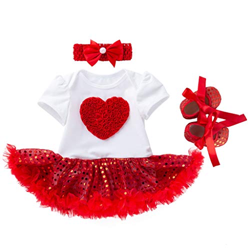Jshuang 3 Pcs Valentine's Day Dress Girls Short Sleeve Heart Sequins Love Paillette Dresses Shoes Outfits Set